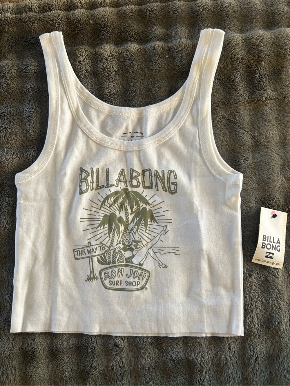 Billabong White Tank Top with Olive Surf Graphic